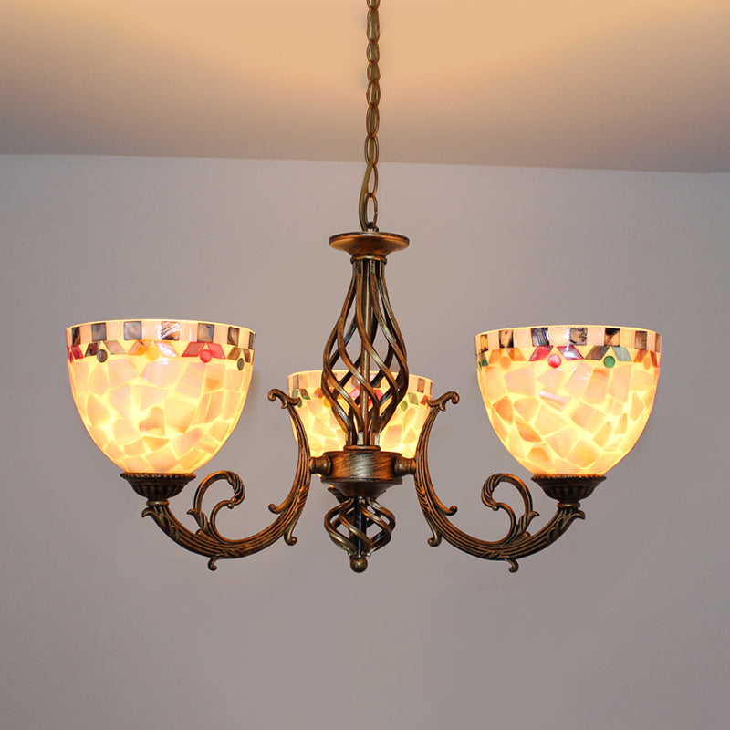 Shell Domed Ceiling Chandelier Tiffany Style 5/9/11 Lights Beige Suspension Pendant for Bedroom 3 Beige Clearhalo 'Ceiling Lights' 'Chandeliers' 'Industrial' 'Middle Century Chandeliers' 'Tiffany Chandeliers' 'Tiffany close to ceiling' 'Tiffany' Lighting' 303363