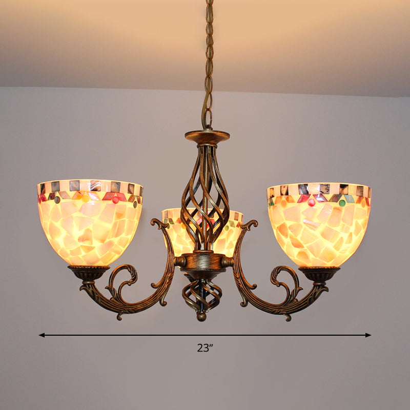Shell Domed Ceiling Chandelier Tiffany Style 5/9/11 Lights Beige Suspension Pendant for Bedroom Clearhalo 'Ceiling Lights' 'Chandeliers' 'Industrial' 'Middle Century Chandeliers' 'Tiffany Chandeliers' 'Tiffany close to ceiling' 'Tiffany' Lighting' 303364