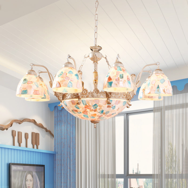 Mosaic Hanging Chandelier Baroque Style Shell 5/9/11 Lights White Pendant Light Kit for Kitchen 11 White Clearhalo 'Ceiling Lights' 'Chandeliers' 'Industrial' 'Middle Century Chandeliers' 'Tiffany Chandeliers' 'Tiffany close to ceiling' 'Tiffany' Lighting' 303365