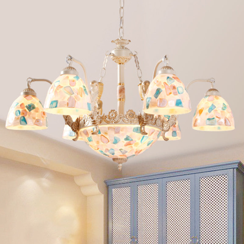 Mosaic Hanging Chandelier Baroque Style Shell 5/9/11 Lights White Pendant Light Kit for Kitchen Clearhalo 'Ceiling Lights' 'Chandeliers' 'Industrial' 'Middle Century Chandeliers' 'Tiffany Chandeliers' 'Tiffany close to ceiling' 'Tiffany' Lighting' 303366