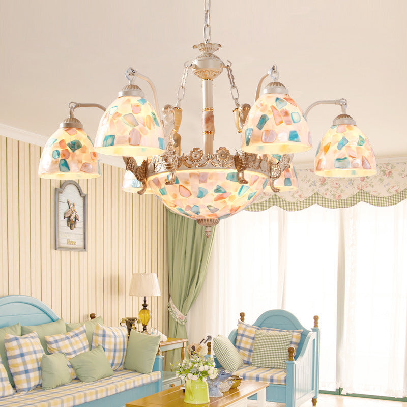 Mosaic Hanging Chandelier Baroque Style Shell 5/9/11 Lights White Pendant Light Kit for Kitchen Clearhalo 'Ceiling Lights' 'Chandeliers' 'Industrial' 'Middle Century Chandeliers' 'Tiffany Chandeliers' 'Tiffany close to ceiling' 'Tiffany' Lighting' 303367