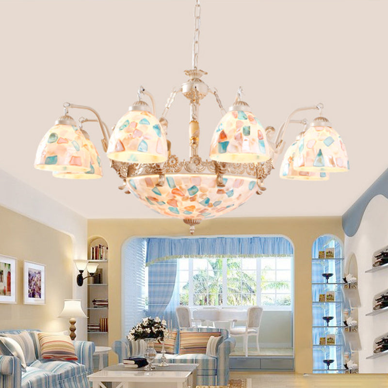Mosaic Hanging Chandelier Baroque Style Shell 5/9/11 Lights White Pendant Light Kit for Kitchen Clearhalo 'Ceiling Lights' 'Chandeliers' 'Industrial' 'Middle Century Chandeliers' 'Tiffany Chandeliers' 'Tiffany close to ceiling' 'Tiffany' Lighting' 303368