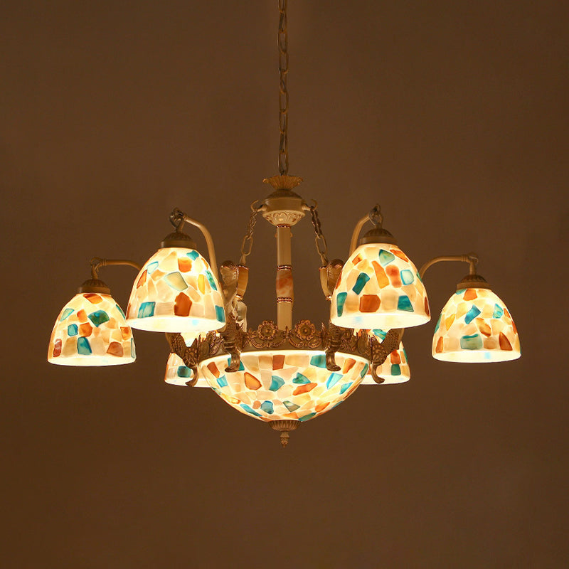 Mosaic Hanging Chandelier Baroque Style Shell 5/9/11 Lights White Pendant Light Kit for Kitchen 9 White Clearhalo 'Ceiling Lights' 'Chandeliers' 'Industrial' 'Middle Century Chandeliers' 'Tiffany Chandeliers' 'Tiffany close to ceiling' 'Tiffany' Lighting' 303371