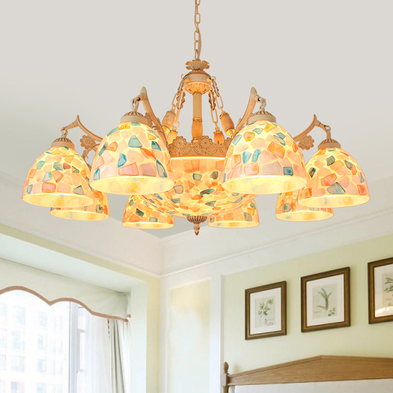Tiffany Mosaic Pendant Chandelier 9/11 Lights Shell Hanging Ceiling Light in Beige for Living Room, Up/Down 11 Beige Down Clearhalo 'Ceiling Lights' 'Chandeliers' 'Industrial' 'Middle Century Chandeliers' 'Tiffany Chandeliers' 'Tiffany close to ceiling' 'Tiffany' Lighting' 303379