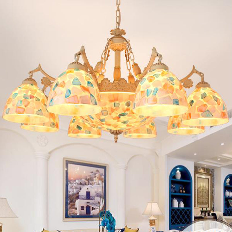 Tiffany Mosaic Pendant Chandelier 9/11 Lights Shell Hanging Ceiling Light in Beige for Living Room, Up/Down Clearhalo 'Ceiling Lights' 'Chandeliers' 'Industrial' 'Middle Century Chandeliers' 'Tiffany Chandeliers' 'Tiffany close to ceiling' 'Tiffany' Lighting' 303380