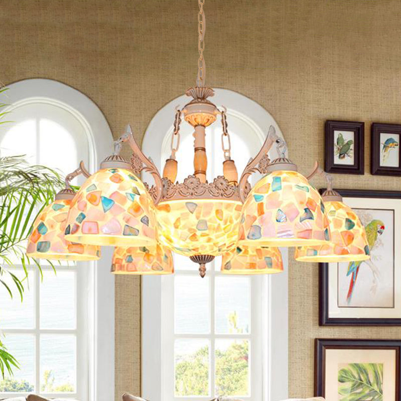 Tiffany Mosaic Pendant Chandelier 9/11 Lights Shell Hanging Ceiling Light in Beige for Living Room, Up/Down 9 Beige Down Clearhalo 'Ceiling Lights' 'Chandeliers' 'Industrial' 'Middle Century Chandeliers' 'Tiffany Chandeliers' 'Tiffany close to ceiling' 'Tiffany' Lighting' 303382