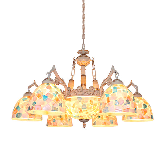 Tiffany Mosaic Pendant Chandelier 9/11 Lights Shell Hanging Ceiling Light in Beige for Living Room, Up/Down Clearhalo 'Ceiling Lights' 'Chandeliers' 'Industrial' 'Middle Century Chandeliers' 'Tiffany Chandeliers' 'Tiffany close to ceiling' 'Tiffany' Lighting' 303383