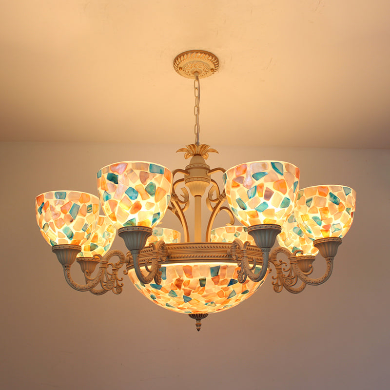 Tiffany Mosaic Pendant Chandelier 9/11 Lights Shell Hanging Ceiling Light in Beige for Living Room, Up/Down Clearhalo 'Ceiling Lights' 'Chandeliers' 'Industrial' 'Middle Century Chandeliers' 'Tiffany Chandeliers' 'Tiffany close to ceiling' 'Tiffany' Lighting' 303384