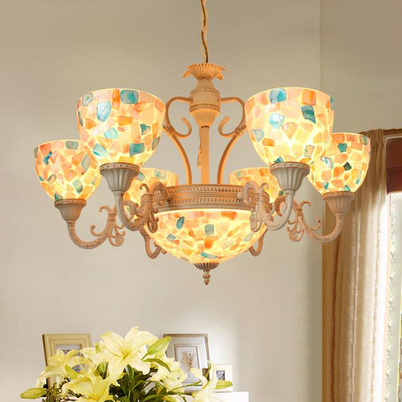 Tiffany Mosaic Pendant Chandelier 9/11 Lights Shell Hanging Ceiling Light in Beige for Living Room, Up/Down 9 Beige Up Clearhalo 'Ceiling Lights' 'Chandeliers' 'Industrial' 'Middle Century Chandeliers' 'Tiffany Chandeliers' 'Tiffany close to ceiling' 'Tiffany' Lighting' 303385