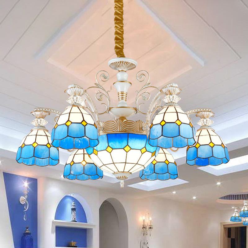 Stained Glass Blue Chandelier Pendant Light Grid Patterned 5/9/11 Lights Tiffany Style Ceiling Lamp Clearhalo 'Ceiling Lights' 'Chandeliers' 'Industrial' 'Middle Century Chandeliers' 'Tiffany Chandeliers' 'Tiffany close to ceiling' 'Tiffany' Lighting' 303386