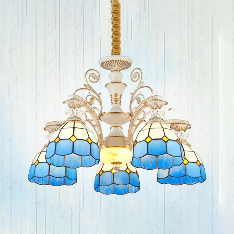 Stained Glass Blue Chandelier Pendant Light Grid Patterned 5/9/11 Lights Tiffany Style Ceiling Lamp 5 Blue Clearhalo 'Ceiling Lights' 'Chandeliers' 'Industrial' 'Middle Century Chandeliers' 'Tiffany Chandeliers' 'Tiffany close to ceiling' 'Tiffany' Lighting' 303388
