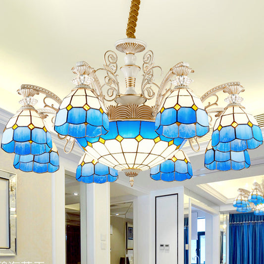 Stained Glass Blue Chandelier Pendant Light Grid Patterned 5/9/11 Lights Tiffany Style Ceiling Lamp 11 Blue Clearhalo 'Ceiling Lights' 'Chandeliers' 'Industrial' 'Middle Century Chandeliers' 'Tiffany Chandeliers' 'Tiffany close to ceiling' 'Tiffany' Lighting' 303389