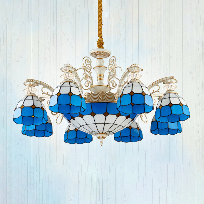 Stained Glass Blue Chandelier Pendant Light Grid Patterned 5/9/11 Lights Tiffany Style Ceiling Lamp Clearhalo 'Ceiling Lights' 'Chandeliers' 'Industrial' 'Middle Century Chandeliers' 'Tiffany Chandeliers' 'Tiffany close to ceiling' 'Tiffany' Lighting' 303390