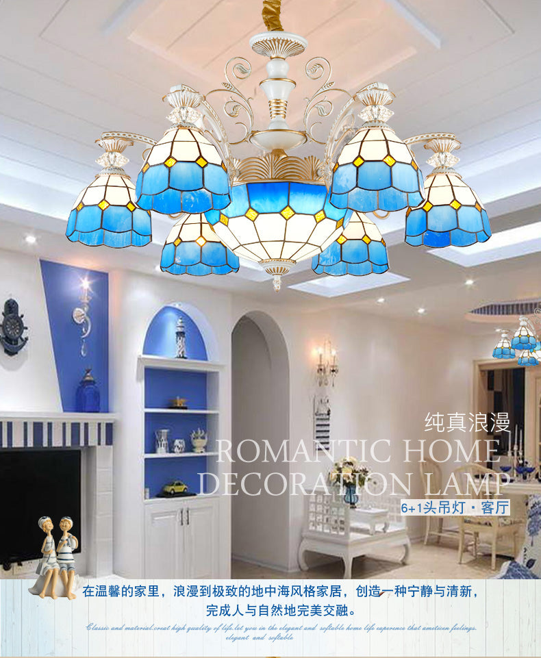 Stained Glass Blue Chandelier Pendant Light Grid Patterned 5/9/11 Lights Tiffany Style Ceiling Lamp 9 Blue Clearhalo 'Ceiling Lights' 'Chandeliers' 'Industrial' 'Middle Century Chandeliers' 'Tiffany Chandeliers' 'Tiffany close to ceiling' 'Tiffany' Lighting' 303391