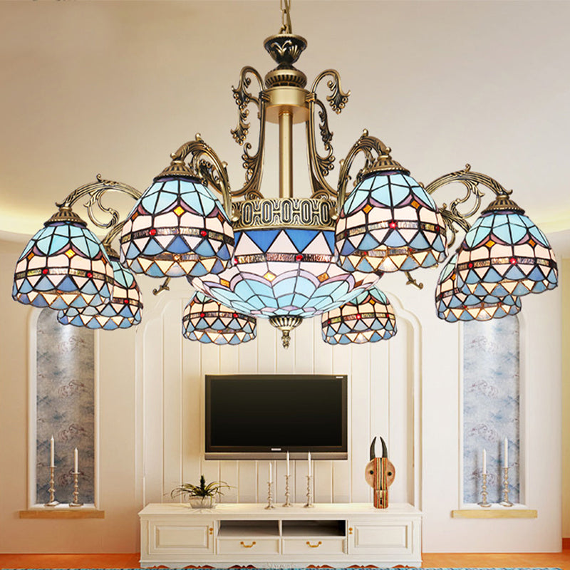 9/11 Lights Chandelier Lighting Fixture Mediterranean Dome Stained Glass Hanging Lamp in Blue 11 Blue Clearhalo 'Ceiling Lights' 'Chandeliers' 'Industrial' 'Middle Century Chandeliers' 'Tiffany Chandeliers' 'Tiffany close to ceiling' 'Tiffany' Lighting' 303392