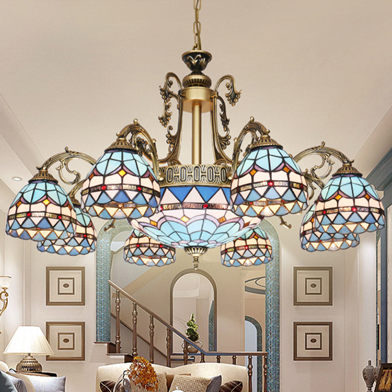 9/11 Lights Chandelier Lighting Fixture Mediterranean Dome Stained Glass Hanging Lamp in Blue Clearhalo 'Ceiling Lights' 'Chandeliers' 'Industrial' 'Middle Century Chandeliers' 'Tiffany Chandeliers' 'Tiffany close to ceiling' 'Tiffany' Lighting' 303393