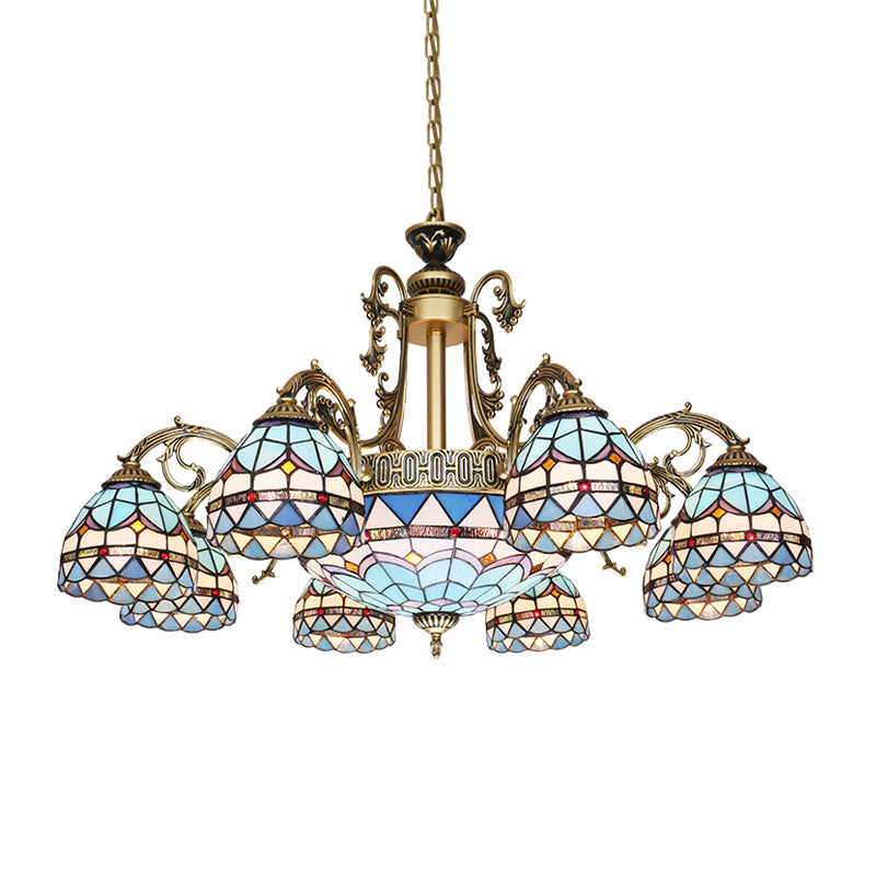 9/11 Lights Chandelier Lighting Fixture Mediterranean Dome Stained Glass Hanging Lamp in Blue Clearhalo 'Ceiling Lights' 'Chandeliers' 'Industrial' 'Middle Century Chandeliers' 'Tiffany Chandeliers' 'Tiffany close to ceiling' 'Tiffany' Lighting' 303394