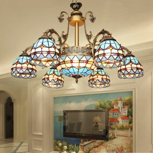 9/11 Lights Chandelier Lighting Fixture Mediterranean Dome Stained Glass Hanging Lamp in Blue 9 Blue Clearhalo 'Ceiling Lights' 'Chandeliers' 'Industrial' 'Middle Century Chandeliers' 'Tiffany Chandeliers' 'Tiffany close to ceiling' 'Tiffany' Lighting' 303395