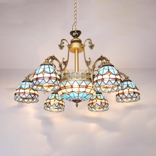 9/11 Lights Chandelier Lighting Fixture Mediterranean Dome Stained Glass Hanging Lamp in Blue Clearhalo 'Ceiling Lights' 'Chandeliers' 'Industrial' 'Middle Century Chandeliers' 'Tiffany Chandeliers' 'Tiffany close to ceiling' 'Tiffany' Lighting' 303396
