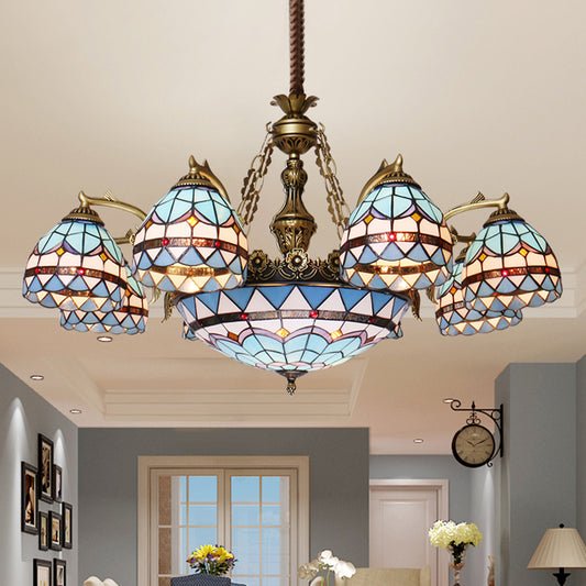 Blue 5/9/11 Lights Chandelier Light Fixture Tiffany Cut Glass Domed Shade Suspension Pendant 11 Blue Clearhalo 'Ceiling Lights' 'Chandeliers' 'Industrial' 'Middle Century Chandeliers' 'Tiffany Chandeliers' 'Tiffany close to ceiling' 'Tiffany' Lighting' 303397