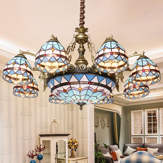 Blue 5/9/11 Lights Chandelier Light Fixture Tiffany Cut Glass Domed Shade Suspension Pendant Clearhalo 'Ceiling Lights' 'Chandeliers' 'Industrial' 'Middle Century Chandeliers' 'Tiffany Chandeliers' 'Tiffany close to ceiling' 'Tiffany' Lighting' 303398