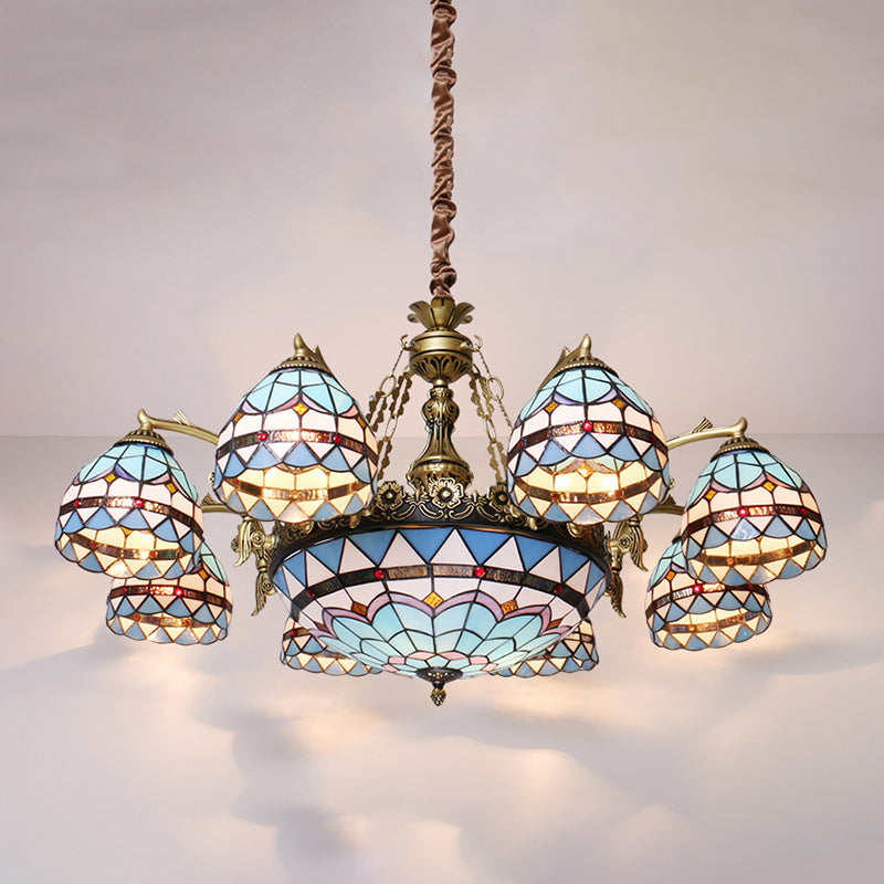 Blue 5/9/11 Lights Chandelier Light Fixture Tiffany Cut Glass Domed Shade Suspension Pendant Clearhalo 'Ceiling Lights' 'Chandeliers' 'Industrial' 'Middle Century Chandeliers' 'Tiffany Chandeliers' 'Tiffany close to ceiling' 'Tiffany' Lighting' 303399