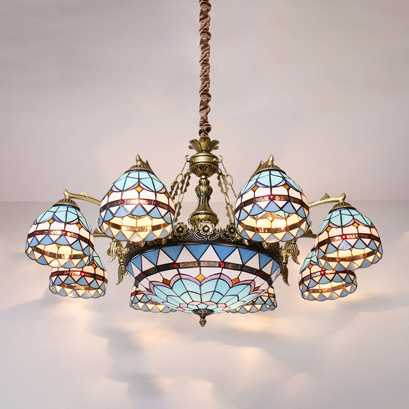 Blue 5/9/11 Lights Chandelier Light Fixture Tiffany Cut Glass Domed Shade Suspension Pendant Clearhalo 'Ceiling Lights' 'Chandeliers' 'Industrial' 'Middle Century Chandeliers' 'Tiffany Chandeliers' 'Tiffany close to ceiling' 'Tiffany' Lighting' 303399