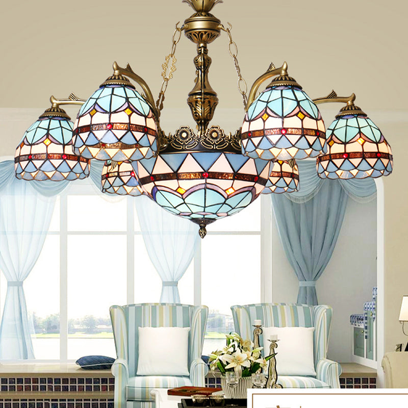 Blue 5/9/11 Lights Chandelier Light Fixture Tiffany Cut Glass Domed Shade Suspension Pendant 9 Blue Clearhalo 'Ceiling Lights' 'Chandeliers' 'Industrial' 'Middle Century Chandeliers' 'Tiffany Chandeliers' 'Tiffany close to ceiling' 'Tiffany' Lighting' 303400