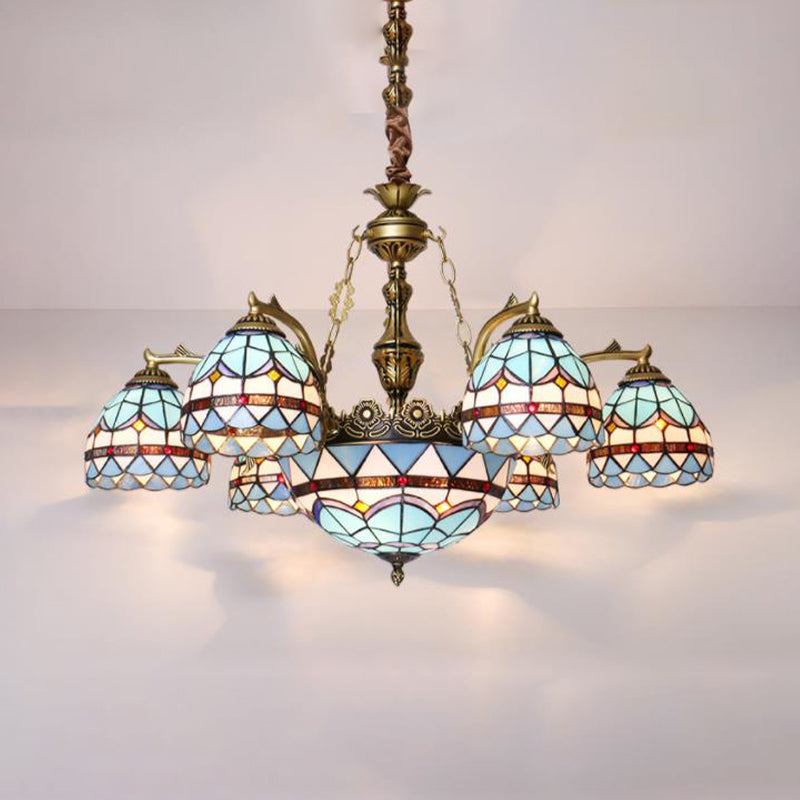 Blue 5/9/11 Lights Chandelier Light Fixture Tiffany Cut Glass Domed Shade Suspension Pendant Clearhalo 'Ceiling Lights' 'Chandeliers' 'Industrial' 'Middle Century Chandeliers' 'Tiffany Chandeliers' 'Tiffany close to ceiling' 'Tiffany' Lighting' 303401