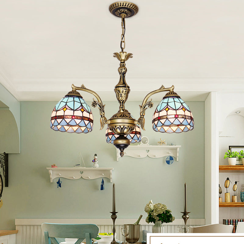 Blue 5/9/11 Lights Chandelier Light Fixture Tiffany Cut Glass Domed Shade Suspension Pendant 3 Blue Clearhalo 'Ceiling Lights' 'Chandeliers' 'Industrial' 'Middle Century Chandeliers' 'Tiffany Chandeliers' 'Tiffany close to ceiling' 'Tiffany' Lighting' 303403