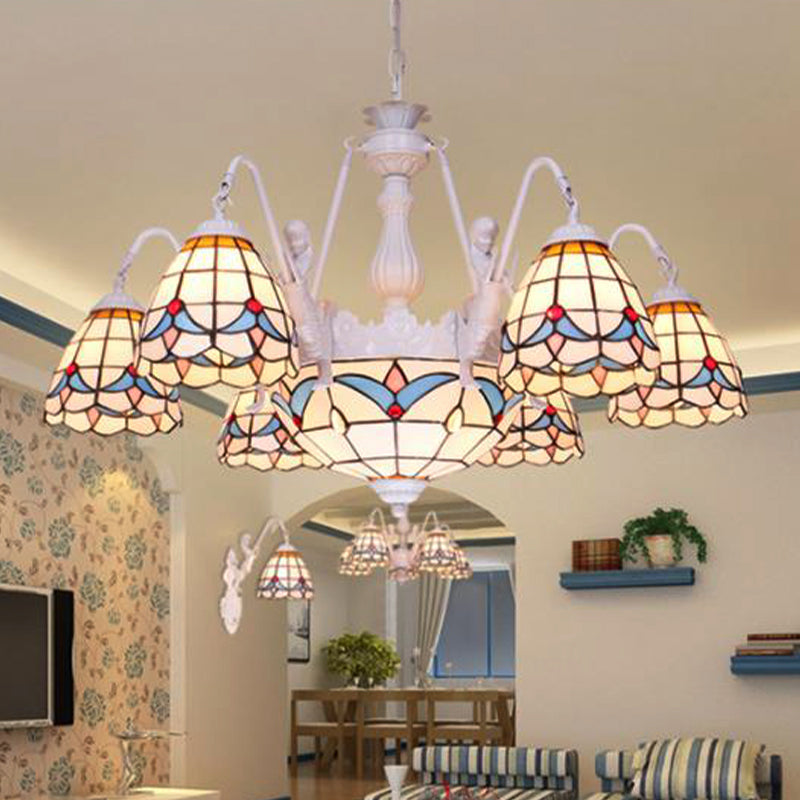 Dome Chandelier Lamp 8/9/11 Lights Stained Art Glass Mediterranean Hanging Ceiling Light in White Clearhalo 'Ceiling Lights' 'Chandeliers' 'Close To Ceiling Lights' 'Industrial' 'Middle Century Chandeliers' 'Tiffany Chandeliers' 'Tiffany close to ceiling' 'Tiffany' Lighting' 303405
