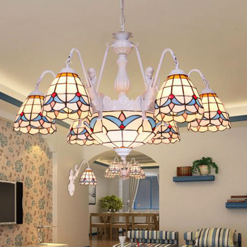 Dome Chandelier Lamp 8/9/11 Lights Stained Art Glass Mediterranean Hanging Ceiling Light in White Clearhalo 'Ceiling Lights' 'Chandeliers' 'Close To Ceiling Lights' 'Industrial' 'Middle Century Chandeliers' 'Tiffany Chandeliers' 'Tiffany close to ceiling' 'Tiffany' Lighting' 303405