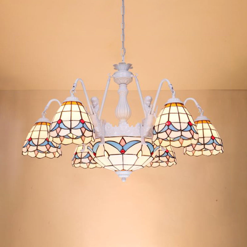 Dome Chandelier Lamp 8/9/11 Lights Stained Art Glass Mediterranean Hanging Ceiling Light in White Clearhalo 'Ceiling Lights' 'Chandeliers' 'Close To Ceiling Lights' 'Industrial' 'Middle Century Chandeliers' 'Tiffany Chandeliers' 'Tiffany close to ceiling' 'Tiffany' Lighting' 303406