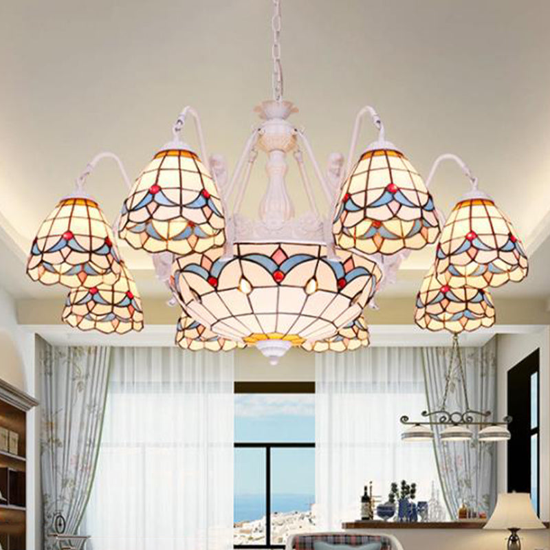 Dome Chandelier Lamp 8/9/11 Lights Stained Art Glass Mediterranean Hanging Ceiling Light in White 11 White Clearhalo 'Ceiling Lights' 'Chandeliers' 'Close To Ceiling Lights' 'Industrial' 'Middle Century Chandeliers' 'Tiffany Chandeliers' 'Tiffany close to ceiling' 'Tiffany' Lighting' 303407