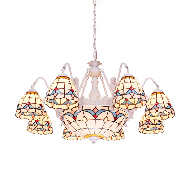 Dome Chandelier Lamp 8/9/11 Lights Stained Art Glass Mediterranean Hanging Ceiling Light in White Clearhalo 'Ceiling Lights' 'Chandeliers' 'Close To Ceiling Lights' 'Industrial' 'Middle Century Chandeliers' 'Tiffany Chandeliers' 'Tiffany close to ceiling' 'Tiffany' Lighting' 303408