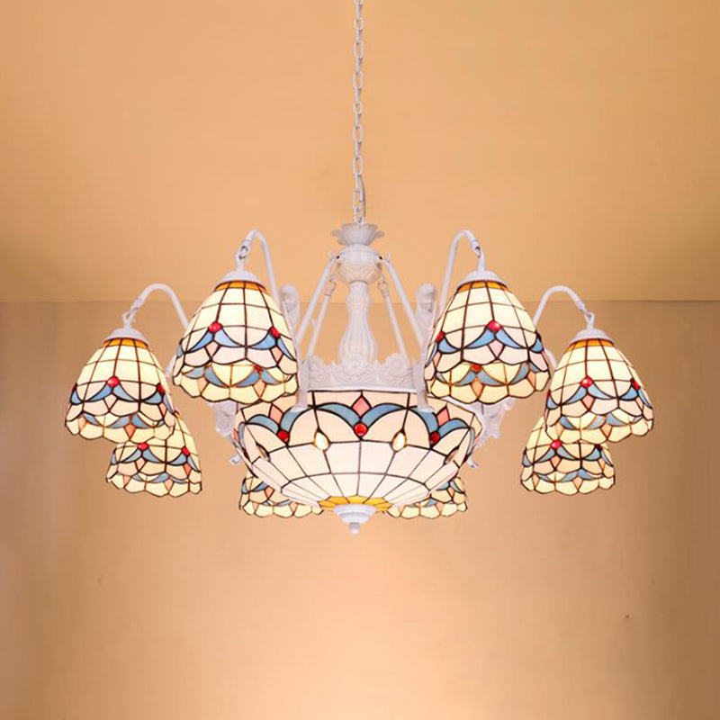 Dome Chandelier Lamp 8/9/11 Lights Stained Art Glass Mediterranean Hanging Ceiling Light in White Clearhalo 'Ceiling Lights' 'Chandeliers' 'Close To Ceiling Lights' 'Industrial' 'Middle Century Chandeliers' 'Tiffany Chandeliers' 'Tiffany close to ceiling' 'Tiffany' Lighting' 303409