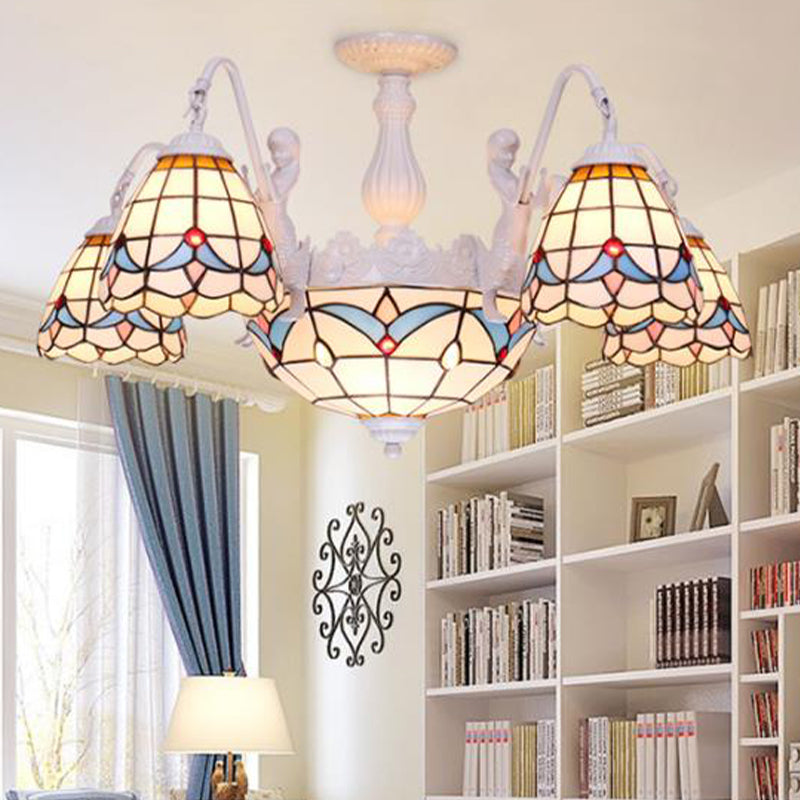 Dome Chandelier Lamp 8/9/11 Lights Stained Art Glass Mediterranean Hanging Ceiling Light in White 8 White Clearhalo 'Ceiling Lights' 'Chandeliers' 'Close To Ceiling Lights' 'Industrial' 'Middle Century Chandeliers' 'Tiffany Chandeliers' 'Tiffany close to ceiling' 'Tiffany' Lighting' 303410