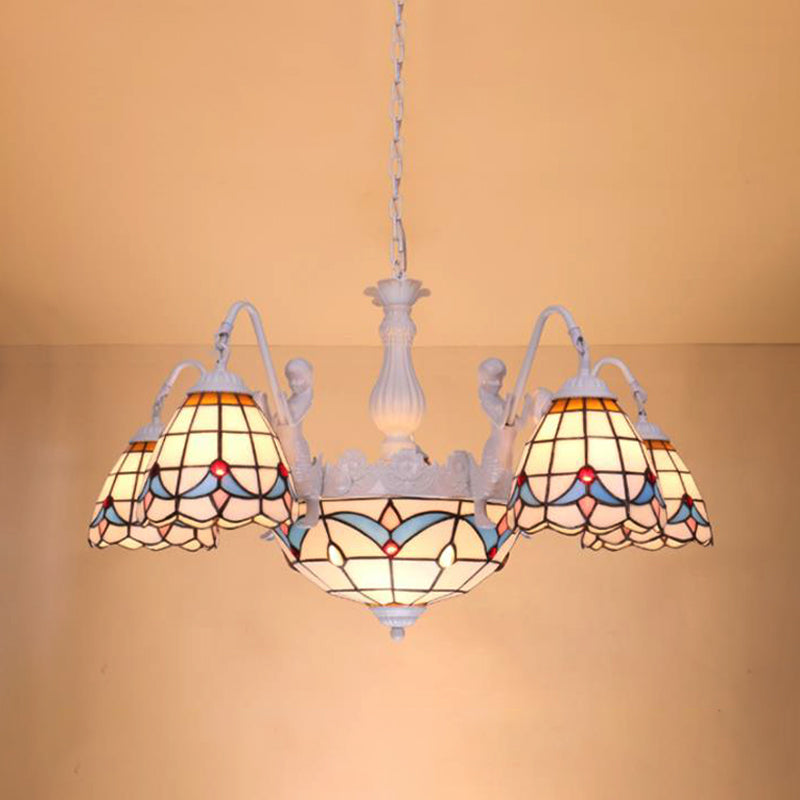 Dome Chandelier Lamp 8/9/11 Lights Stained Art Glass Mediterranean Hanging Ceiling Light in White Clearhalo 'Ceiling Lights' 'Chandeliers' 'Close To Ceiling Lights' 'Industrial' 'Middle Century Chandeliers' 'Tiffany Chandeliers' 'Tiffany close to ceiling' 'Tiffany' Lighting' 303411