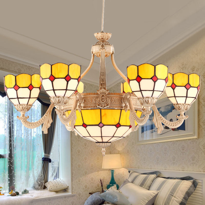 Domed Stained Glass Chandelier Lighting Baroque 9/11 Lights Yellow/Blue Pendant Light Fixture for Living Room 9 Yellow Clearhalo 'Ceiling Lights' 'Chandeliers' 'Industrial' 'Middle Century Chandeliers' 'Tiffany Chandeliers' 'Tiffany close to ceiling' 'Tiffany' Lighting' 303412