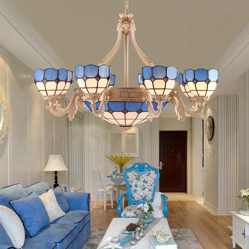 Domed Stained Glass Chandelier Lighting Baroque 9/11 Lights Yellow/Blue Pendant Light Fixture for Living Room 11 Blue Clearhalo 'Ceiling Lights' 'Chandeliers' 'Industrial' 'Middle Century Chandeliers' 'Tiffany Chandeliers' 'Tiffany close to ceiling' 'Tiffany' Lighting' 303413