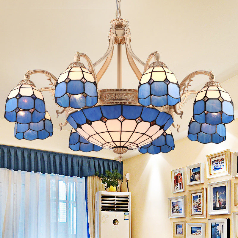 Yellow/Blue Grid Patterned Chandelier Lighting Baroque 9/11 Lights Hand Cut Glass Pendant Lamp for Bedroom 11 Blue Clearhalo 'Ceiling Lights' 'Chandeliers' 'Industrial' 'Middle Century Chandeliers' 'Pendant Lights' 'Tiffany Chandeliers' 'Tiffany close to ceiling' 'Tiffany' Lighting' 303415