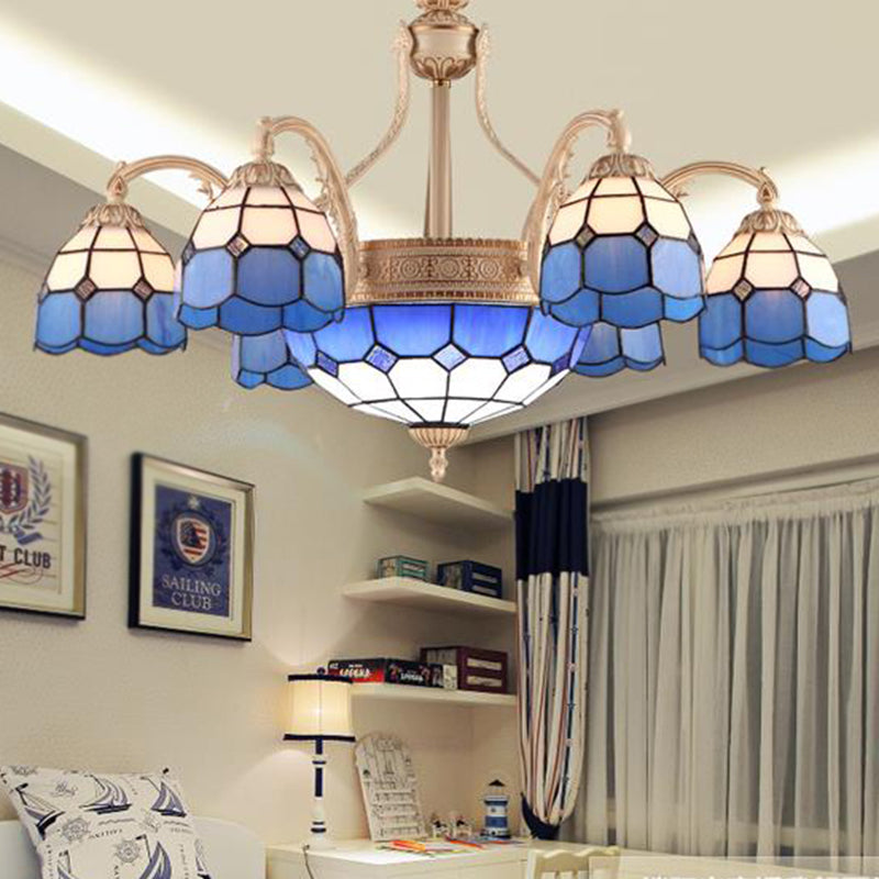 Yellow/Blue Grid Patterned Chandelier Lighting Baroque 9/11 Lights Hand Cut Glass Pendant Lamp for Bedroom 9 Blue Clearhalo 'Ceiling Lights' 'Chandeliers' 'Industrial' 'Middle Century Chandeliers' 'Pendant Lights' 'Tiffany Chandeliers' 'Tiffany close to ceiling' 'Tiffany' Lighting' 303416