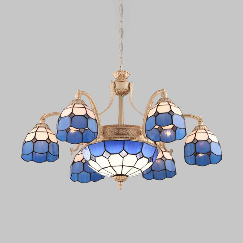 Yellow/Blue Grid Patterned Chandelier Lighting Baroque 9/11 Lights Hand Cut Glass Pendant Lamp for Bedroom Clearhalo 'Ceiling Lights' 'Chandeliers' 'Industrial' 'Middle Century Chandeliers' 'Pendant Lights' 'Tiffany Chandeliers' 'Tiffany close to ceiling' 'Tiffany' Lighting' 303417