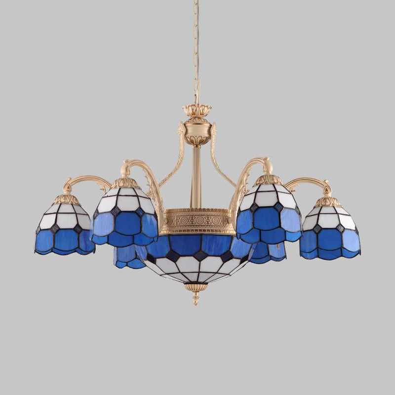 Yellow/Blue Grid Patterned Chandelier Lighting Baroque 9/11 Lights Hand Cut Glass Pendant Lamp for Bedroom Clearhalo 'Ceiling Lights' 'Chandeliers' 'Industrial' 'Middle Century Chandeliers' 'Pendant Lights' 'Tiffany Chandeliers' 'Tiffany close to ceiling' 'Tiffany' Lighting' 303418