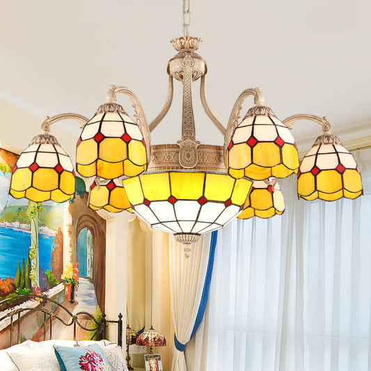 Yellow/Blue Grid Patterned Chandelier Lighting Baroque 9/11 Lights Hand Cut Glass Pendant Lamp for Bedroom 9 Yellow Clearhalo 'Ceiling Lights' 'Chandeliers' 'Industrial' 'Middle Century Chandeliers' 'Pendant Lights' 'Tiffany Chandeliers' 'Tiffany close to ceiling' 'Tiffany' Lighting' 303419