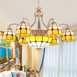 Yellow/Blue Grid Patterned Chandelier Lighting Baroque 9/11 Lights Hand Cut Glass Pendant Lamp for Bedroom 9 Yellow Clearhalo 'Ceiling Lights' 'Chandeliers' 'Industrial' 'Middle Century Chandeliers' 'Pendant Lights' 'Tiffany Chandeliers' 'Tiffany close to ceiling' 'Tiffany' Lighting' 303419
