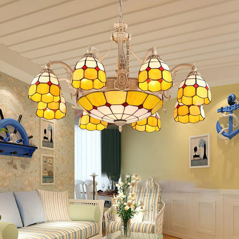 Yellow/Blue Grid Patterned Chandelier Lighting Baroque 9/11 Lights Hand Cut Glass Pendant Lamp for Bedroom 11 Yellow Clearhalo 'Ceiling Lights' 'Chandeliers' 'Industrial' 'Middle Century Chandeliers' 'Pendant Lights' 'Tiffany Chandeliers' 'Tiffany close to ceiling' 'Tiffany' Lighting' 303421