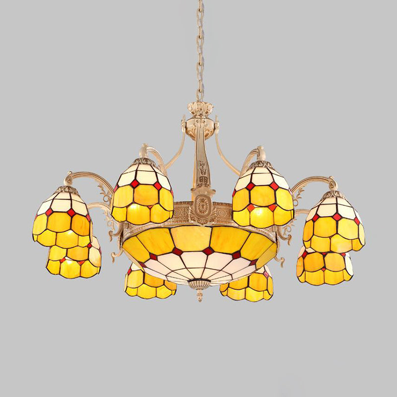 Yellow/Blue Grid Patterned Chandelier Lighting Baroque 9/11 Lights Hand Cut Glass Pendant Lamp for Bedroom Clearhalo 'Ceiling Lights' 'Chandeliers' 'Industrial' 'Middle Century Chandeliers' 'Pendant Lights' 'Tiffany Chandeliers' 'Tiffany close to ceiling' 'Tiffany' Lighting' 303422