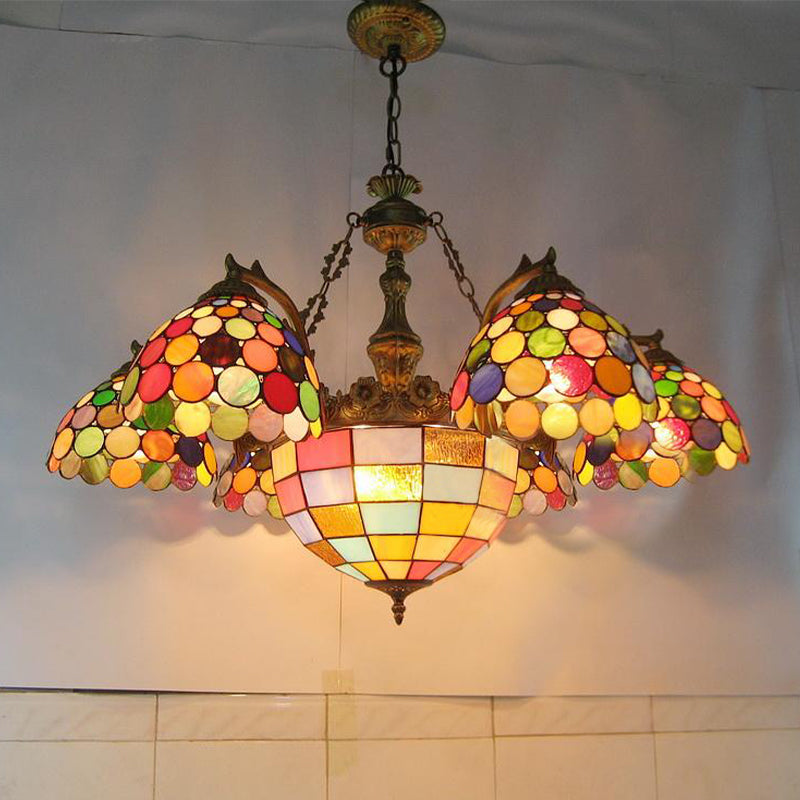 Cut Glass House/Bell Chandelier Light Mediterranean 7 Lights Brass Ceiling Pendant Light for Living Room Multi-Color Bell Clearhalo 'Ceiling Lights' 'Chandeliers' 'Industrial' 'Middle Century Chandeliers' 'Tiffany Chandeliers' 'Tiffany close to ceiling' 'Tiffany' Lighting' 303423
