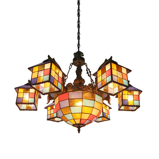 Cut Glass House/Bell Chandelier Light Mediterranean 7 Lights Brass Ceiling Pendant Light for Living Room Multi-Color House Clearhalo 'Ceiling Lights' 'Chandeliers' 'Industrial' 'Middle Century Chandeliers' 'Tiffany Chandeliers' 'Tiffany close to ceiling' 'Tiffany' Lighting' 303424